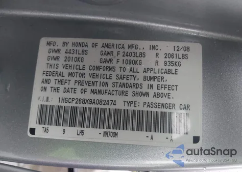 2009 Honda Accord 2.4 Ex-L z USA, uszkodzony, nr VIN 1HGCP268X9A082474